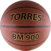Мяч баск. матчевый  "TORRES BM900" арт.B30037, р.7, синт. кожа (полиуретан), нейлоновый корд, бутиловая камера, для зала и улицы, темнооранжево-черный