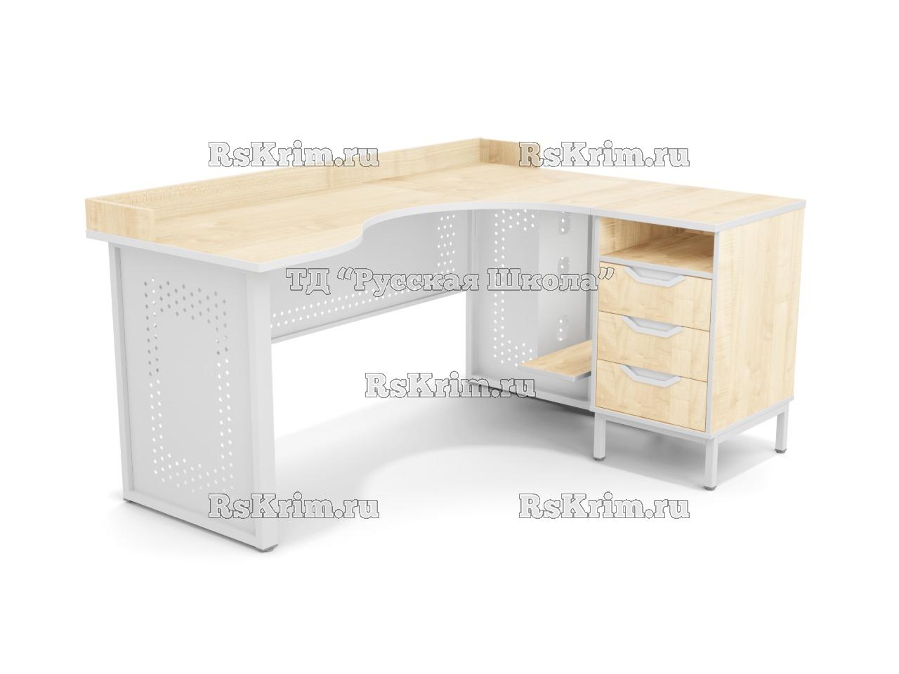 Стол угловой ЛОФТ с бортом, с подвесом для системного блока и приставной тумбой, с перфорацией, с 2 боковыми экранами (мк. Светло-серый, ст. Клён)