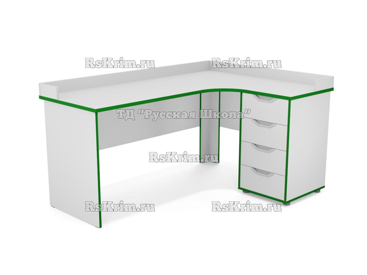Стол угловой ЛОФТ с приставной тумбой 4 ящика, с бортом (ст. Серая, кр. Зелёная), ручки «Соты»