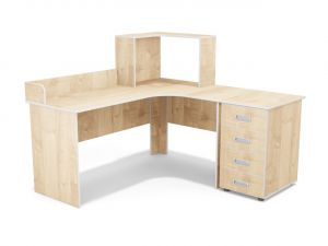 Стол угловой с бортиком и надстройкой, с приставной тумбой 4 ящика (ст. Клён, кр. Белая)